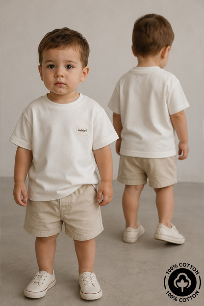 Miniel Unisex Crew Neck T-Shirt with Crest Detail, 100% Cotton, Oversize T-Sh...