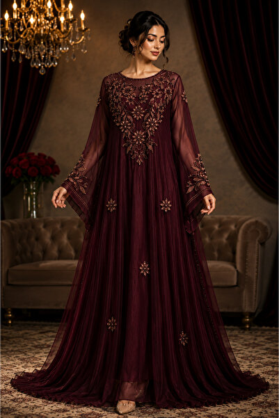Bab almadina collection Luxury Maroon & Black Embellished Evening Gown with S...