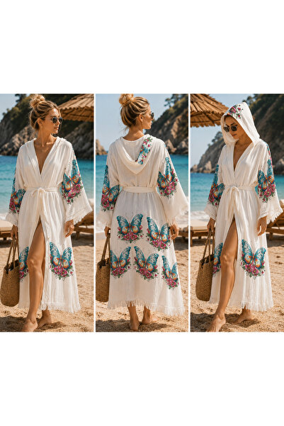 Store Kapüşonlu Müslin Kimono Pareo Kelebek Desenli Kuşaklı Plaj Kaftanı 130 ...