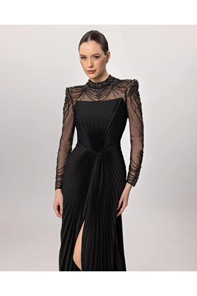 Kenzel Stone Embellished Pleated Long Sleeve Evening Dress