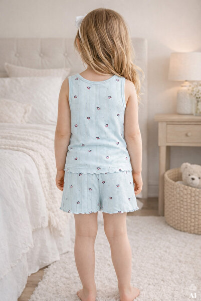 koza iç giyim Kız Çocuk Pamuklu Çiçek Desenli Fiyonklu Kalın Askılı Şortlu Pijama Takımı