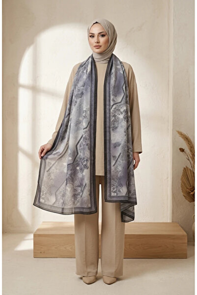 sefamerve Floral Patterned Amber Shawl 70359-01 Black Gray