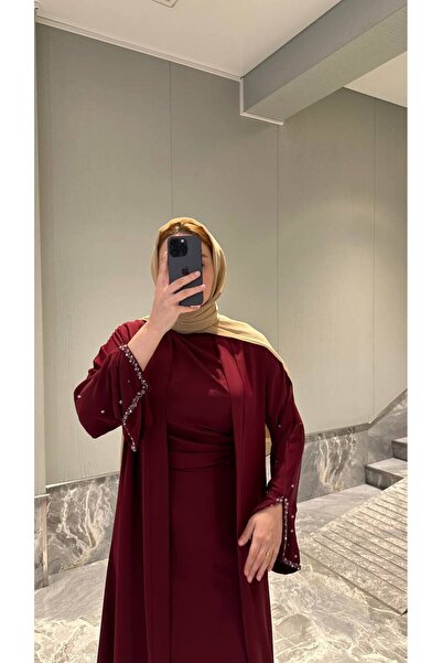 Abaya-AB Premium Dubai Kumaşı El İşlemesi Boncuklu İkili Abaya Elbise Takımı