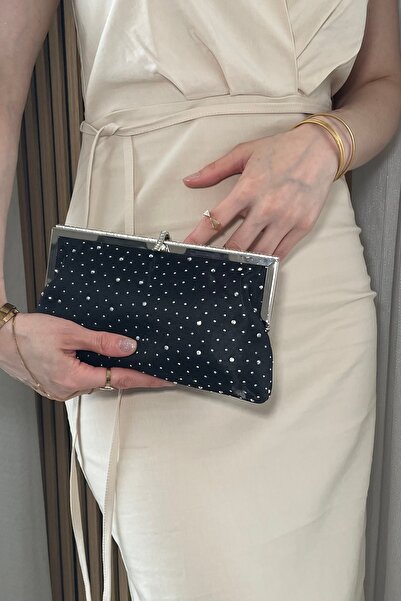 Fibag Women's Black Satin Stone Evening Dress Bag - Hand and Shoulder Bag wit...