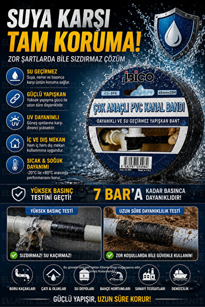 ellante Çok Amaçlı PVC Kanal Bandı 48mm x 20M | Su Geçirmez Güçlü Yapışkanlı ...