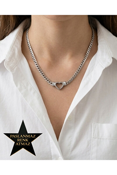 stainless steell 316L Steel Silver Heart in Mesh Chain Women's Necklace