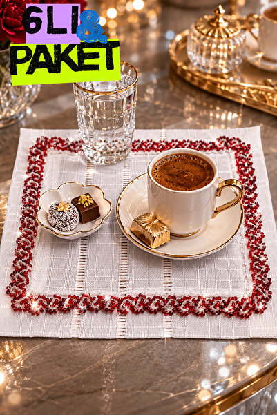Lurji Set de 6 suporturi pentru cafea cu mărgele roșii brodate |   Suport ele...