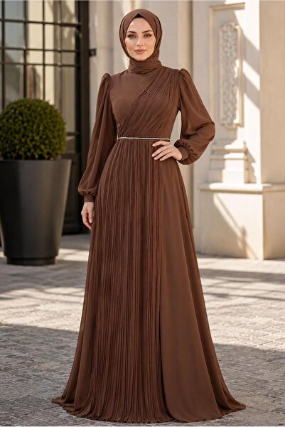 TRENDTESETTÜR KADIN KAHVE DRAPE DETAYLI ABİYE ELBİSE T 9363