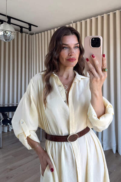 Sue Store Butter Yellow Oversize Belted Modal Shirt Dress