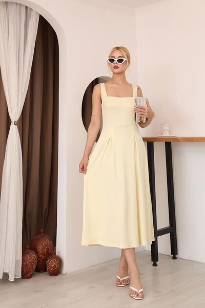 moda poni Kadın Kare Yaka Kalın Askılı Sarı Midi Elbise