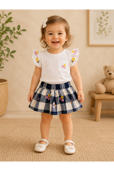 kr kids Baby Girl Floral Embroidered Plaid Skirt Set White Blouse Navy Blue S...