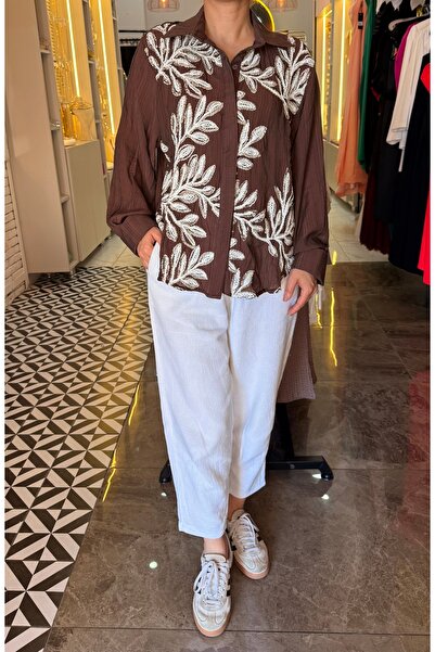 Butik sim ipli kabartma nakışlı tasarım gömlek