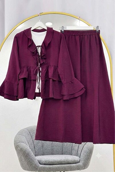modasindoma Ruffled Sleeves Skirted Suit Purple