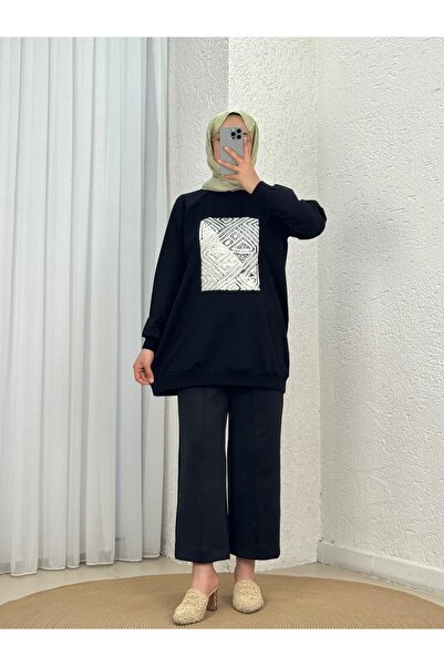 Holehola Akınay Printed and Embroidered Stitching Detail Sweatshirt-Eu2683 Black