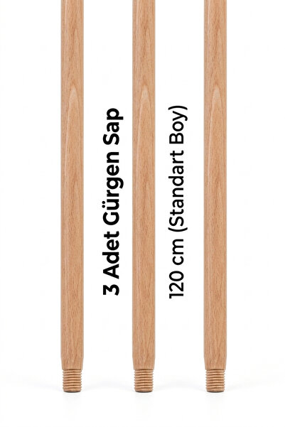 Doğal Gürgen Ahşap Fırça Sapı 120 cm - Vidalı Süpürge Ve Oto Fırçası Sapı Seti 3 adet