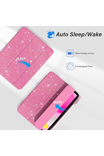 UnDePlus iPad 11.Nesil A16 11inç/10.Nesil 10.9inç Uyumlu Kılıf Simli Işıltılı Parlak Kalem Bölmeli Trifolding Case