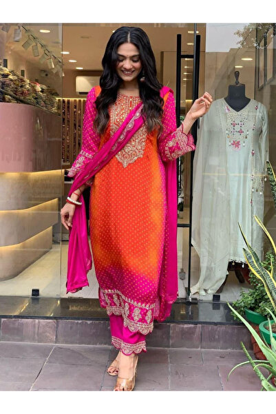 MYSMAR Orange & Hot Pink Chinon Silk Bandhani Kurta Set - FFT8097 | Orange-Pink