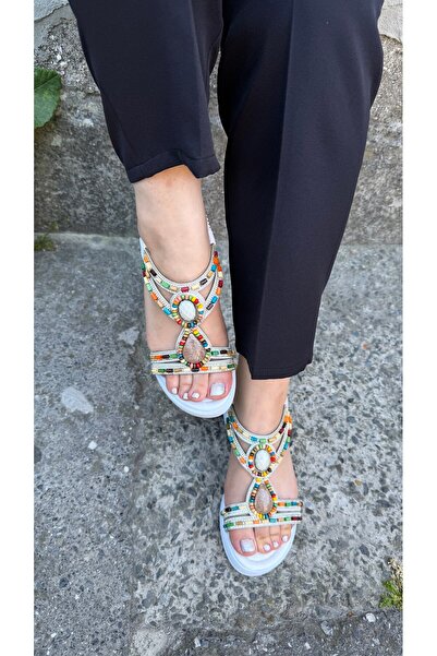 DERİ KABUSU Antique Design Stone-Embellished Women's Sandals