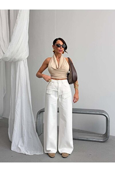 HerTon Women's High Waist Asymmetrical Pocket Detailed Cotton Jean Trousers