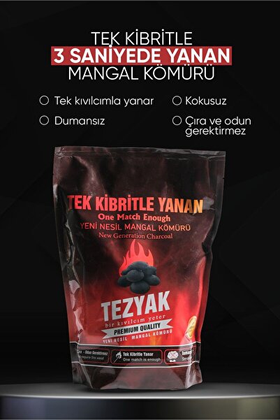 TEZYAK 2 kg Klasik Tek Kibritle Yanan Yeni Nesil Mangal Kömürü