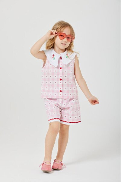 Momercy Girl's Woven Suit Collar with Heart Embroidery and Heart Print