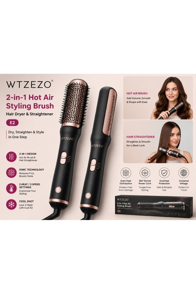 WTZEZO 2-in-1 Hot Air Styling Brush Hair Dryer & Straightener, Fast Hair Dryi...