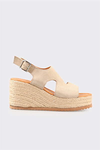 Elle Shoes Bej Deri Kadın Dolgu Topuk Espadril