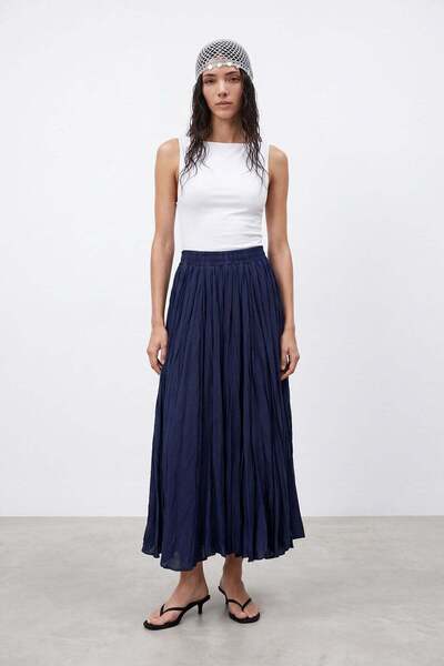 Puane Kadın Beli Lastikli Krinkıl Maxi Etek - 18302ETK - NAVY