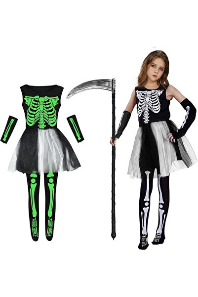 KYOEOE Costum Schelet Fosforescent pentru Fete M (7–9 ani) – Set Halloween Gr...