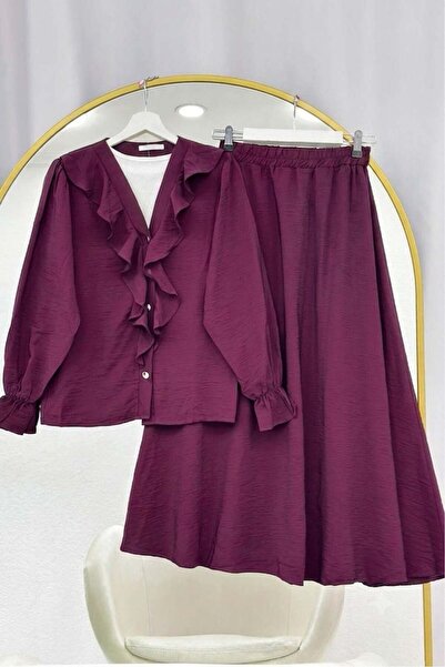 modasindoma Ruffle Collar Buttoned Sleeve Gathered Skirt Suit Purple