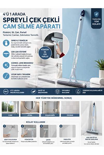 AYGÖREN HOME 4'ü 1 Arada Spreyli Cam Silme Aparatı / Su Hazneli Çekçekli Cam ...