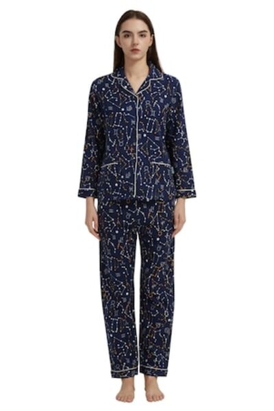 Global Set pijama damă Finet Global, 100% bumbac, model Zodiac, culoare albas...