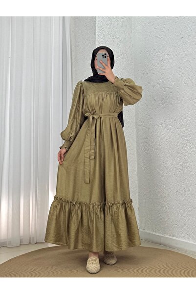 MİHRA STORE Aypare Voile Dress with Gathered Bust and Sleeves-Pa9887 Oil Green