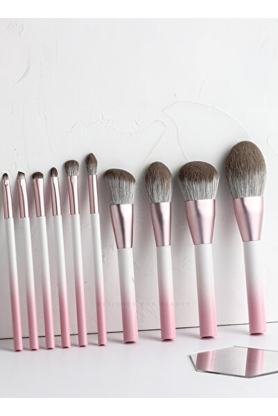 Yallabena 10-Piece Makeup Brush Set with White Handles, Rose-Gold Ferrules & ...