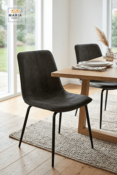 MARIA HOMES Dark Upholstered Dining Chair with Black Metal Legs for Home Dini...