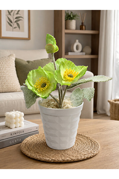 Lilac Home Yapay Çiçek Beyaz Saksı İçerisinde Fıstık Yeşili Gelincik