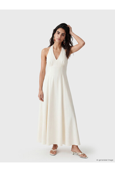LC Waikiki White V-Neck Linen Blend Pleated Dress