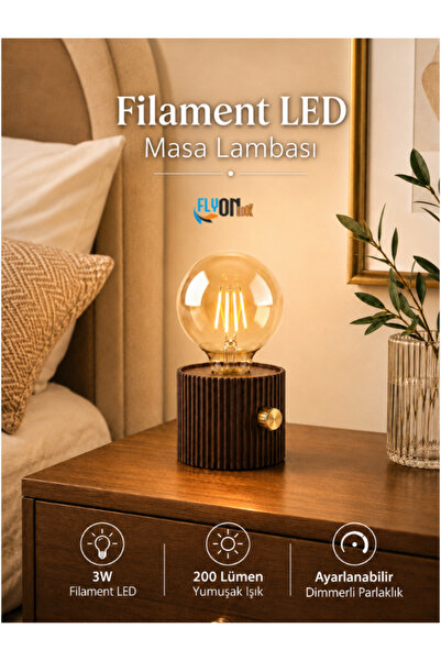 FLYONLOOK Şarjlı Filament LED Masa Lambası 3W Dekoratif Ahşap Görünümlü Dimme...