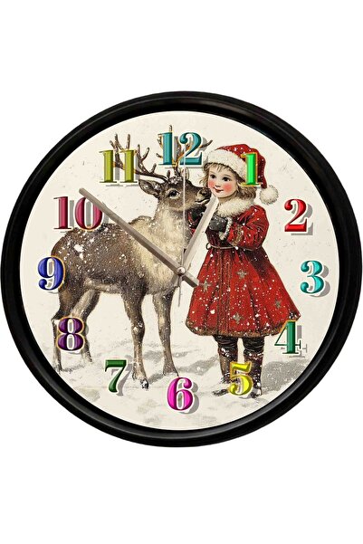 Caseras Christmas Girl and Deer Themed Decorative Wall Clock 28 cm Silent Mec...