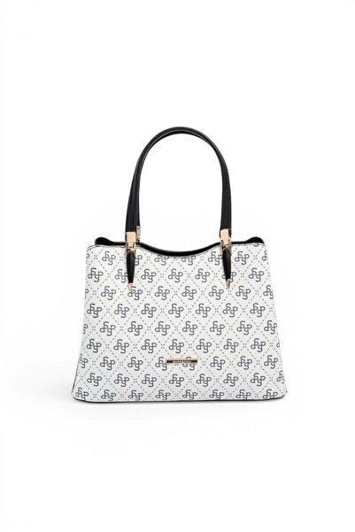 Silver Polo حقيبة يد نسائية بيضاء - سوداء مونوغرام SP1205