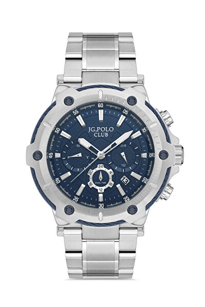 JG. Polo Club Men's Silver Metal Cord Navy Blue Dial Calendar Function Wristw...