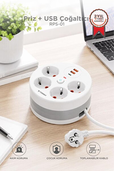 Torima Akım Korumalı Makaralı Priz 3 Port USB Çoğaltıcı Grup Priz 3M RPS01 Beyaz