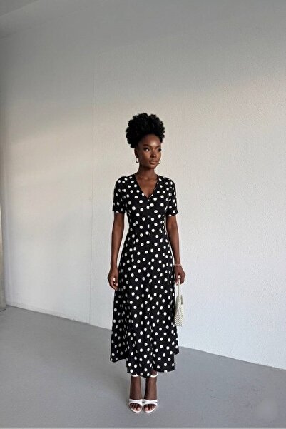 KAŞİHA V-Neck Wrinkled Fabric Polka Dot Women's Dress 125 cm
