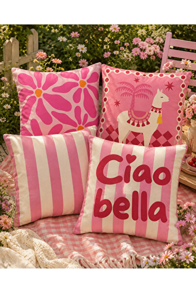 stellahomes Ciao Bella ve Lama Desenli Dekoratif Kırlent Kılıfı 4'lü Pembe Ya...