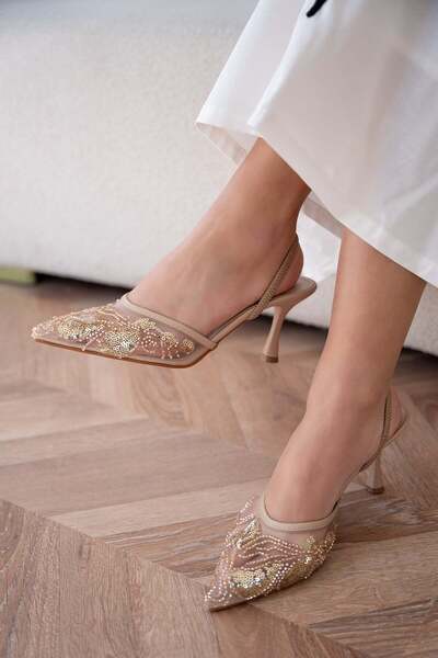 LamintaGlobal Faby Sequin Stone Embellished Detailed Nude Women's Heeled Shoes
