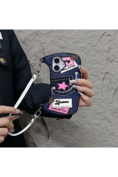 Innovate Store İphone 16 Uyumlu Kot Desenli Dokulu Askılı Çanta Tasarımlı Tel...