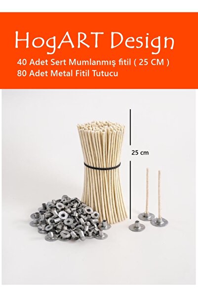 HogART Design 25 cm Sert Mumlanmış Hazır %100 Pamuk Mum Fitili 40 Adet + Meta...