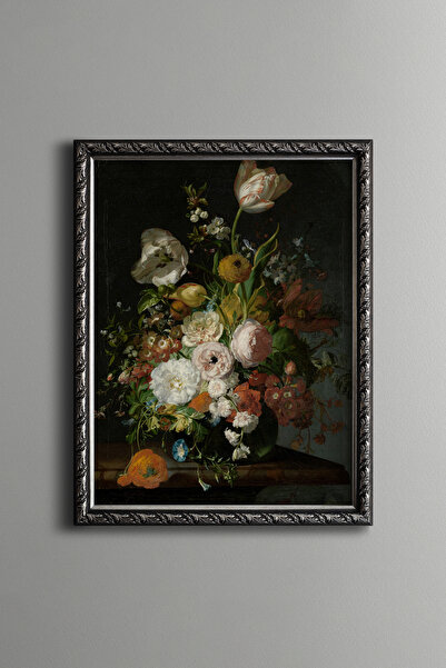 epiqart Tulips and Peonies in Glass Vase - Vintage Patterned Frame - Slim Model