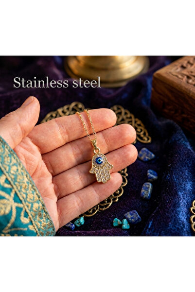 stainless steell قلادة من الفولاذ باللون الذهبي والكحلي مرصعة بحجر الزركون عل...