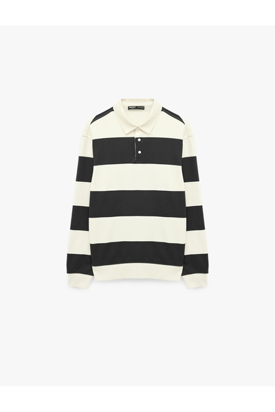 Koton Uzun Kollu Rahat Kalıp Çizgili Düğmeli Polo Yaka Sweatshirt